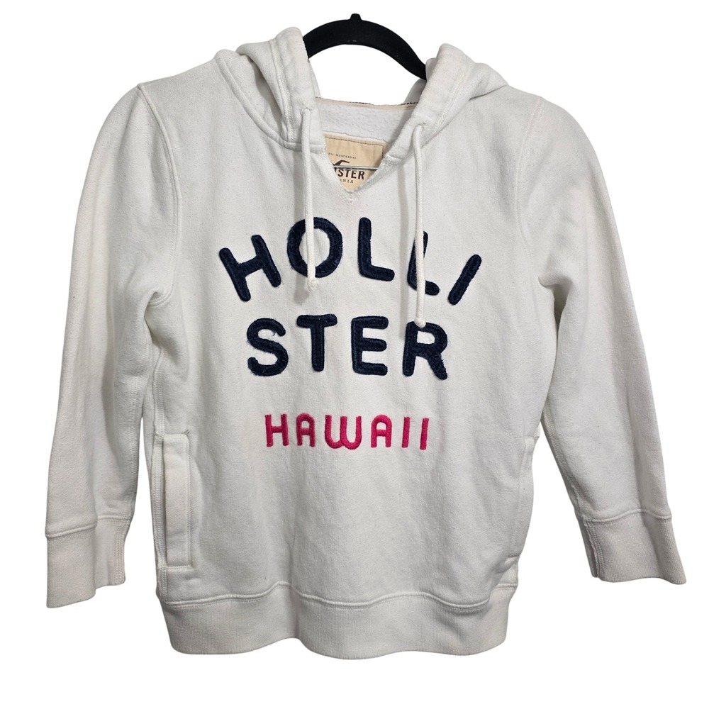 Y2k Hollister Hawaii Hoodie White Fleece Graphic Sweatshirt Navy Pink Logo sz‎ M